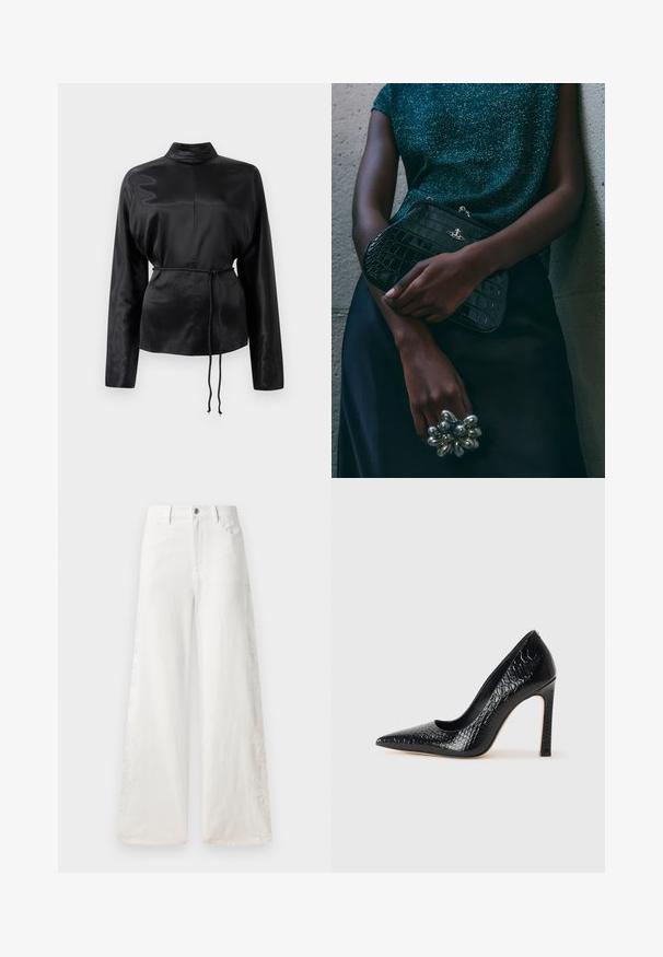 Camisa negra de satén de manga larga con cuello alto, cintura ceñida y detalle de cordón ajustable. Textura suave con un acabado elegante.; Vaqueros de pierna ancha blancos hechos de mezclilla, con patrones de bordado en los laterales y diseño tradicional de cinco bolsillos. Cierre de cremallera con botón.; Zapato de tacón alto negro con punta afilada y textura de piel de cocodrilo, que presenta un diseño elegante, un alto tacón de aguja y un interior negro suave.; Bolso de mano negro con estampado de cocodrilo y herrajes plateados, sostenido frente a un fondo gris texturizado. Presenta una superficie brillante.
