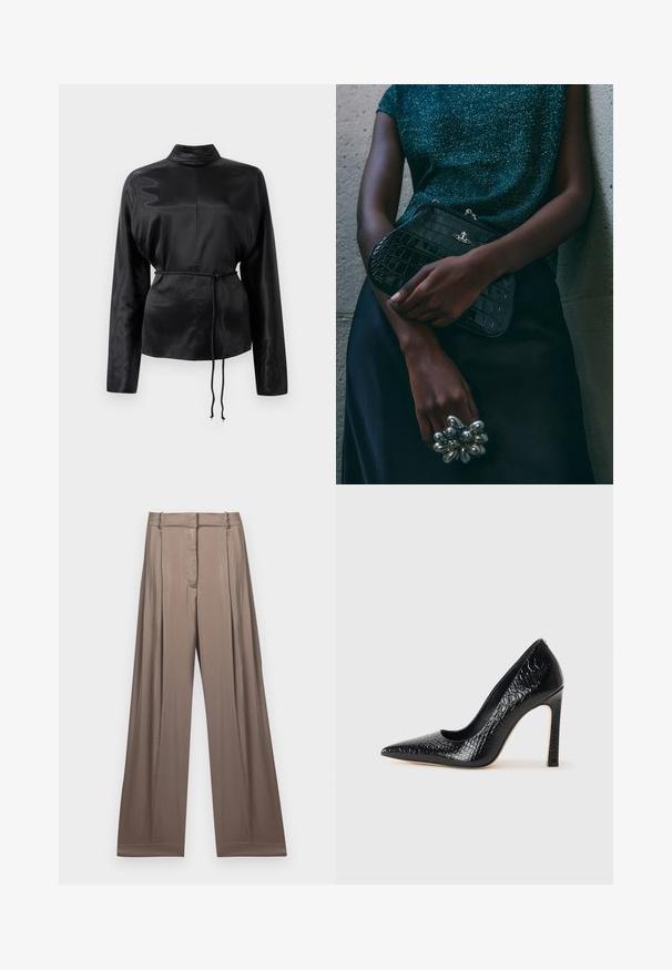 Musta satiininen pitkähihainen paita, jossa on korkea kaulus, kireä vyötärö ja säädettävä nyöriyksityiskohta. Sileä rakenne kiiltävällä pinnalla.; Avokelevyyslaitokset vaaleassa taupe-värissä, valmistettu sileästä kankaasta, jossa on satiinimainen pinta. Ominaisuuksiin kuuluu räätälöity vyötäröosa ja hienovaraiset laskokset.; Musta kapea nilkkakorkokenkä krokotiilin nahkakuviolla, joka on varustettu tyylikkäällä muotoilulla, korkealla stiletto-korkealla ja sileällä mustalla sisäosalla.; Musta krokotiilihäntäinen penaali, jossa on hopeiset yksityiskohdat, pidetään teksturoitua harmaata taustaa vasten. Pintamateriaali kiiltävä.