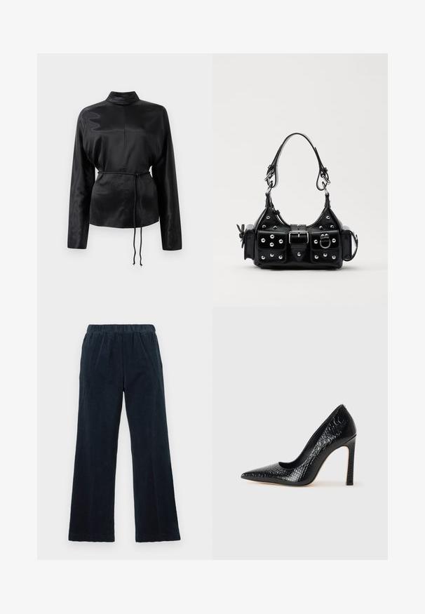 Camicia nera in satin con maniche lunghe e colletto alto, vita aderente e dettaglio con cordoncino regolabile. Texture liscia con una finitura elegante.; Pantaloni in corduroy blu navy con design a gamba larga, vita elastica e texture a righe verticali. Presentano tasche laterali e orlo dritto.; Scarpa nera con punta a punta alta in pelle di coccodrillo, caratterizzata da un design elegante, alto tacco a spillo e interno nero liscio.; Borsa a mano in pelle nera con design curvo, caratterizzata da borchie argentate, una fibbia e due tasche laterali. Tracolla regolabile per diverse opzioni di trasporto.
