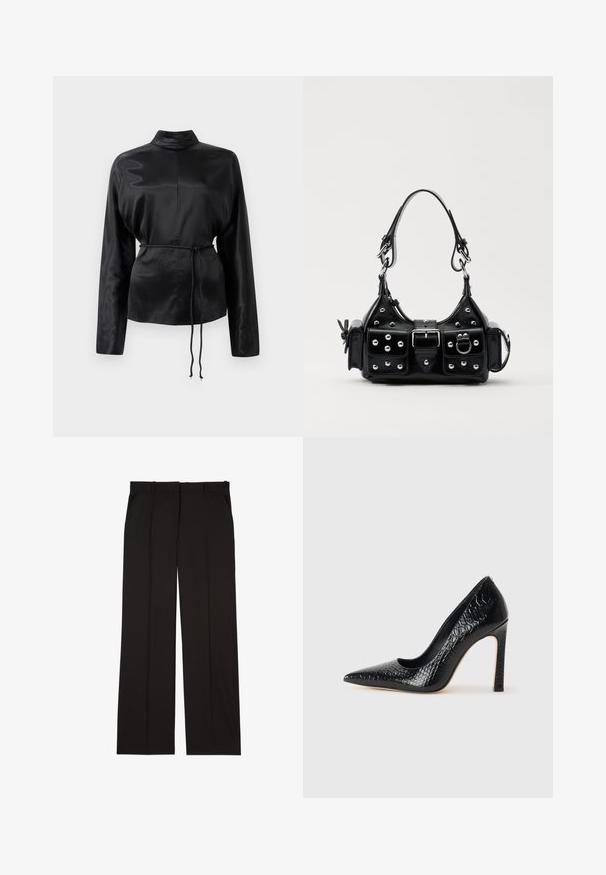 Black satin long-sleeve shirt with a high collar, cinched waist, and adjustable drawstring detail. Smooth texture with a sleek finish.; Black tailored trousers made of a smooth fabric, featuring a straight-leg design, and two side pockets. Elegant and minimalistic construction.; Black pointed-toe high heel shoe with a crocodile-skin texture, featuring a sleek design, high stiletto heel, and smooth black interior.; Black leather handbag with a curved design, featuring silver studs, a buckle, and two side pockets. Adjustable strap for carrying options.