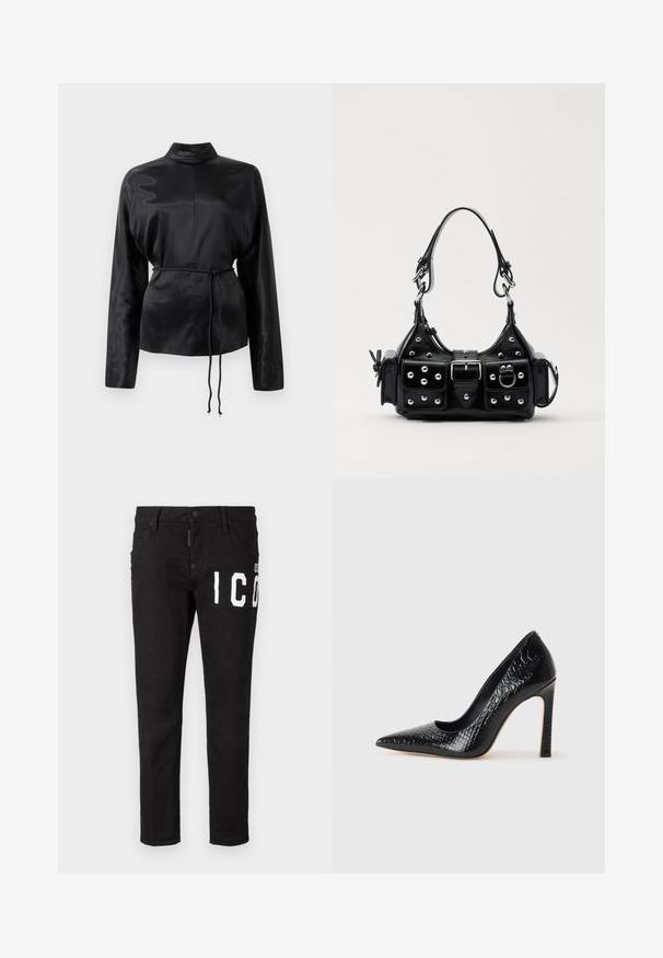 Chemise longue à manches longues en satin noir avec un col haut, taille cintrée et détail de cordon de serrage ajustable. Texture lisse avec une finition élégante.; Jean en denim noir à coupe slim. Présente un texte graphique blanc sur le devant, cinq poches et un bouton de fermeture. Texture lisse.; Escarpin noir à bout pointu avec texture en cuir de crocodile, présentant un design élégant, un haut talon aiguille et un intérieur noir lisse.; Sac à main en cuir noir au design courbé, avec des clous en argent, une boucle et deux poches latérales. Bandoulière réglable pour différentes options de transport.