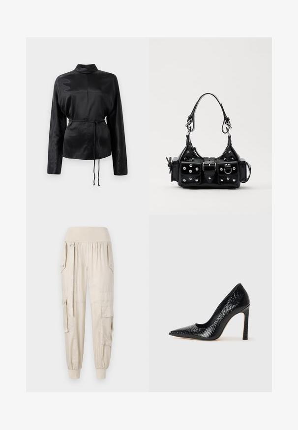 Black satin long-sleeve shirt with a high collar, cinched waist, and adjustable drawstring detail. Smooth texture with a sleek finish.; Beige cargo pants with elastic waistband, tapered cuffs, side pockets, and button details. Made of lightweight fabric with a smooth texture.; Black pointed-toe high heel shoe with a crocodile-skin texture, featuring a sleek design, high stiletto heel, and smooth black interior.; Black leather handbag with a curved design, featuring silver studs, a buckle, and two side pockets. Adjustable strap for carrying options.