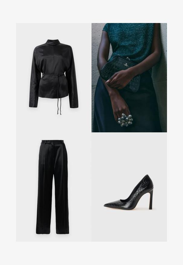 Chemise longue à manches longues en satin noir avec un col haut, taille cintrée et détail de cordon de serrage ajustable. Texture lisse avec une finition élégante.; Pantalons en satin noir taille haute avec jambes larges droites, passants de ceinture et fermeture plates sur un fond blanc uni.; Escarpin noir à bout pointu avec texture en cuir de crocodile, présentant un design élégant, un haut talon aiguille et un intérieur noir lisse.; Sac à main en cuir noir à motif crocodile avec des finitions en métal argenté, posé sur un fond texturé gris. Présente une surface brillante.