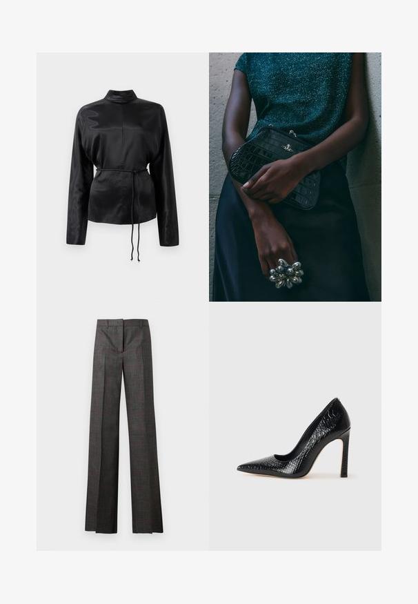 Black satin long-sleeve shirt with a high collar, cinched waist, and adjustable drawstring detail. Smooth texture with a sleek finish.; Gray plaid trousers with a wide leg, featuring red accents, a smooth finish, and a tailored waistband. Mid-rise design ideal for formal wear.; Black pointed-toe high heel shoe with a crocodile-skin texture, featuring a sleek design, high stiletto heel, and smooth black interior.; Black crocodile-patterned clutch bag with silver hardware, held against a textured gray background. Features a shiny surface.