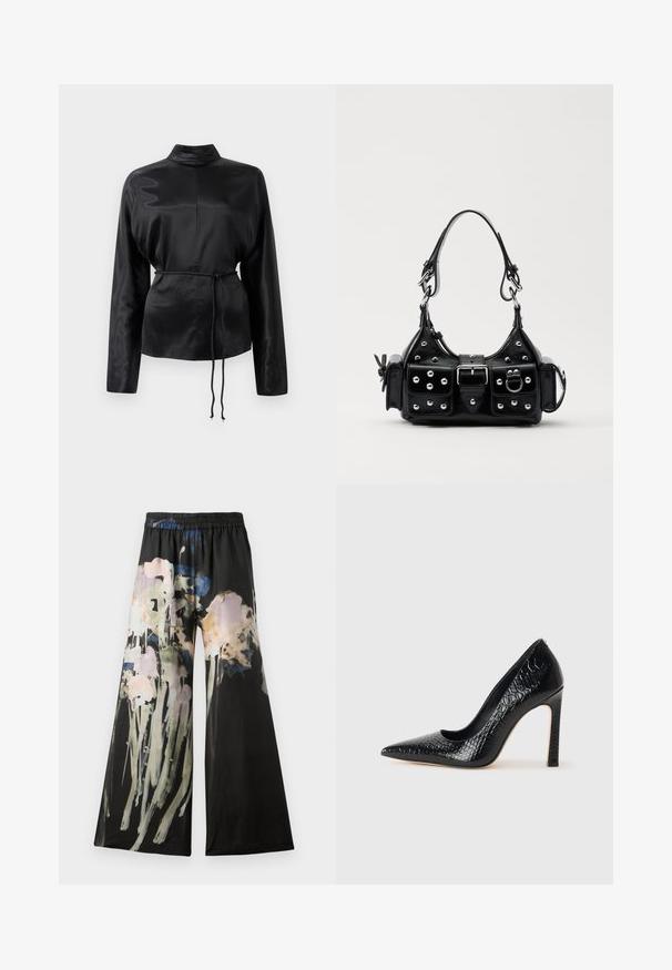Svart satin långärmad skjorta med hög krage, åtsittande midja och justerbar dragsko. Slät textur med en elegant finish.; Breda byxor i svart tyg med ett akvarellblommönster i rosa, blå och gröna nyanser; elastisk midja för komfort.; Svart spetsig högklackad sko med krokodilskinnsstruktur, som har en elegant design, hög stilettklack och en slät svart innersula.; Svart läderhandväska med en kurvad design, prydd med silverfärgade nitar, ett spänne och två sidofickor. Justerbar rem för olika bäralternativ.