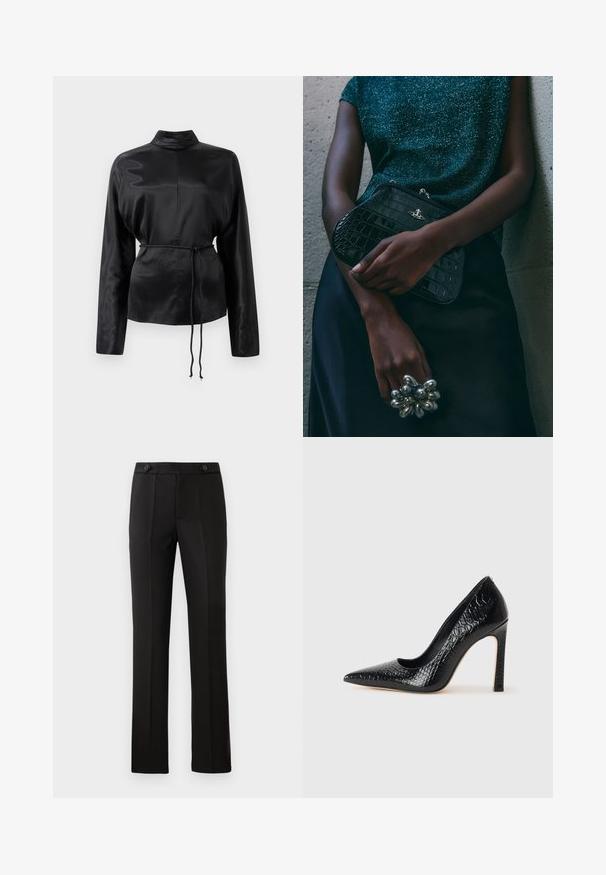 Fekete selyem hosszú ujjú ing magas gallérral, megkötött derékkal és állítható zsinóros részletekkel. Simaság jellemzi, elegáns kivitelezéssel.; Fekete, szabott nadrág egyenes lábbal, két elülső zsebbel, gombos záródással és plisszé részletezéssel elöl. Simább anyagú textúra.; Fekete hegyes orrú magassarkú cipő krokodilbőr textúrával, letisztult dizájnnal, magas tűsarkú és sima fekete belső résszel.; Fekete krokodilbőr mintázatú válltáska ezüst hardware-rel, egy texturált szürke háttér előtt tartva. Fényes felülettel rendelkezik.