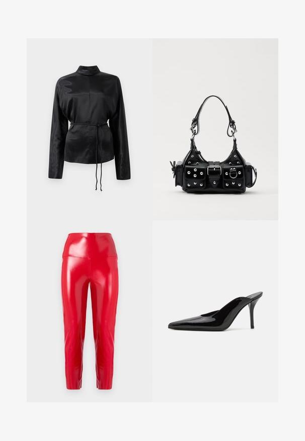 Musta satiininen pitkähihainen paita, jossa on korkea kaulus, kireä vyötärö ja säädettävä nyöriyksityiskohta. Sileä rakenne kiiltävällä pinnalla.; Punaiset, korkeavyötäröiset housut, jotka on valmistettu kiiltävästä, venyvästä materiaalista. Niissä on kapeat lahkeet ja sileä, kiiltävä pinta ilman näkyviä saumoja tai koristeita.; Mustat patentoidut korkeakorkoiset mulesandaalit, joissa on terävä kärki ja sulavalinjainen siluetti. Kenkäparissa on avonainen takaosa ja hoikka stiletto-korko.; Musta nahkainen käsilaukku, jossa on kaareva muotoilu, hopeiset niitit, solki ja kaksi sivutaskua. Säädettävä olkahihna erilaisiin kantovaihtoehtoihin.