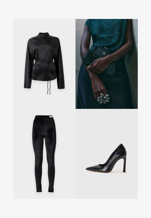 Czarna satynowa koszula z długim rękawem, wysokim kołnierzem, zwężoną talią i regulowanym sznurkiem. Gładka tekstura o eleganckim wykończeniu.; Czarne legginsy z welwetu z wysokim stanem, gładką fakturą i dopasowanym krojem; zawierają metkę marki przy pasie.; Czarne szpilki z ostrym noskiem, pokryte teksturą skóry krokodyla, charakteryzujące się eleganckim wzornictwem, wysokim obcasem w stylu stiletto oraz gładkim czarnym wnętrzem.; Czarna kopertówka w wzór krokodyla z srebrnymi akcentami, trzymana na szarym, teksturowanym tle. Posiada błyszczącą powierzchnię.