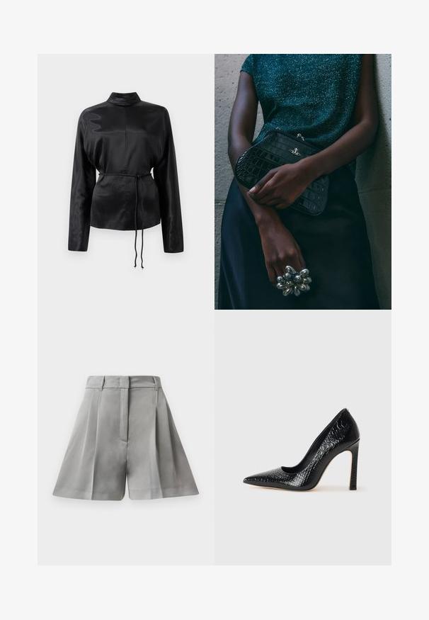 Fekete selyem hosszú ujjú ing magas gallérral, megkötött derékkal és állítható zsinóros részletekkel. Simaság jellemzi, elegáns kivitelezéssel.; Szürke, pleated (ráncolt) rövidnadrág sima anyagból, magas derékkal, elülső zsebekkel és letisztult vonalvezetésű szabással.; Fekete hegyes orrú magassarkú cipő krokodilbőr textúrával, letisztult dizájnnal, magas tűsarkú és sima fekete belső résszel.; Fekete krokodilbőr mintázatú válltáska ezüst hardware-rel, egy texturált szürke háttér előtt tartva. Fényes felülettel rendelkezik.