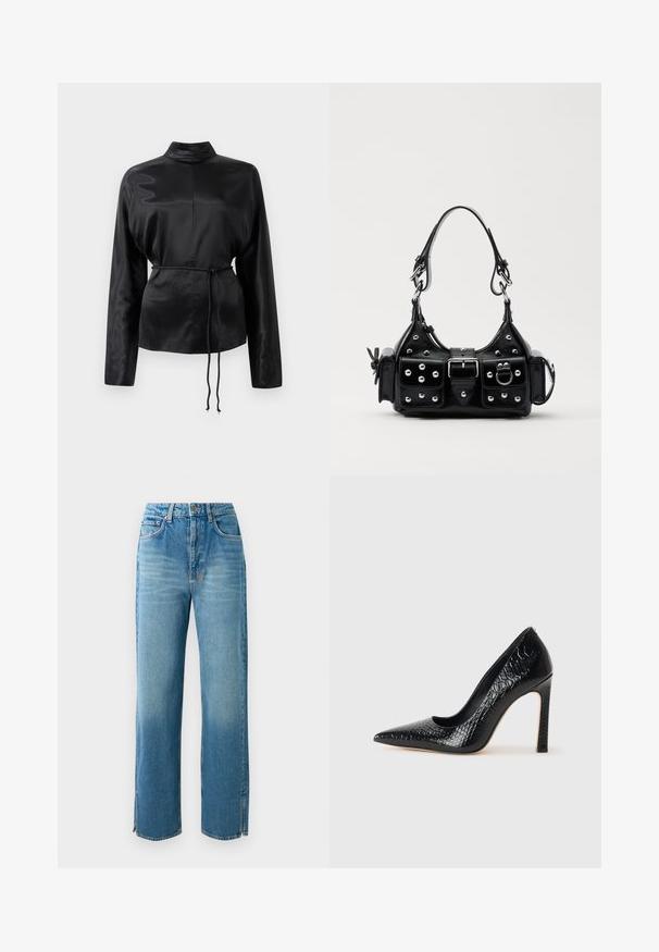 Cămașă lungă cu mânecă lungă din satin negru, cu guler înalt, talie strânsă și detaliu cu șnur reglabil. Textură netedă cu un finisaj elegant.; Blugi din denim deschis la culoare, cu talie înaltă, croială dreaptă, și despicături pe laterale la tiv. Prezintă un design tradițional cu cinci buzunare și închidere cu nasture.; Pantofii cu toc înalt, ascuțiți, de culoare neagră, cu textură de piele de crocodil, având un design elegant, toc în stil stiletto și interior neted de culoare neagră.; Geantă de piele neagră cu un design curbat, dotată cu studuri argintii, o cataramă și două buzunare laterale. Curea ajustabilă pentru opțiuni de transport.