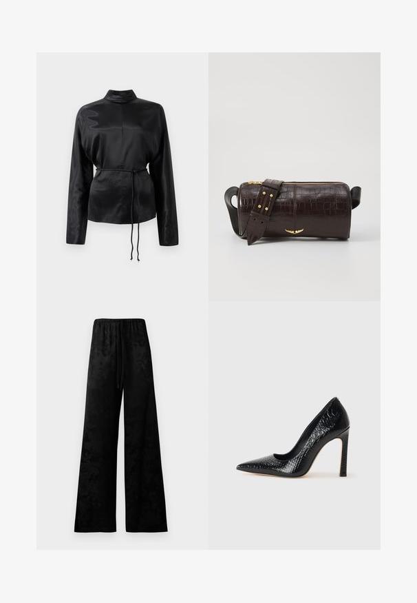 Černá saténová košile s dlouhým rukávem a vysokým límečkem, nařaseným pasem a nastavitelným šňůrkovým detailem. Hladká textura s elegantním povrchem.; Široké černé kalhoty z hladkého materiálu, s elastickým pasem, detailem na tkaničku a jemným květinovým vzorem.; Černý lodičkový bot s špičatou špičkou, pokrytý texturou krokodýlí kůže, s elegantním designem, vysokým stiletto podpatkem a hladkým černým interiérem.; Hnědá kabelka z krokodýlí kůže s embosováním, cylindrického tvaru, se zlacenými kovovými prvky a odnímatelným popruhem se hroty.