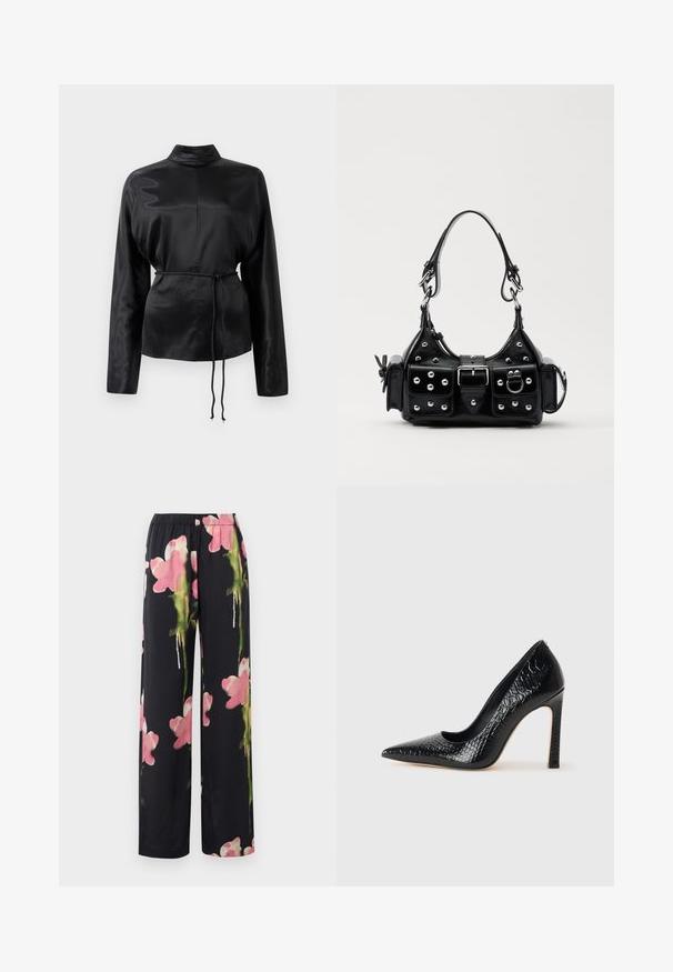 Black satin long-sleeve shirt with a high collar, cinched waist, and adjustable drawstring detail. Smooth texture with a sleek finish.; Floral wide-leg pants with a black background, featuring pink and green watercolor-style flowers. Soft fabric with an elastic waistband.; Black pointed-toe high heel shoe with a crocodile-skin texture, featuring a sleek design, high stiletto heel, and smooth black interior.; Black leather handbag with a curved design, featuring silver studs, a buckle, and two side pockets. Adjustable strap for carrying options.