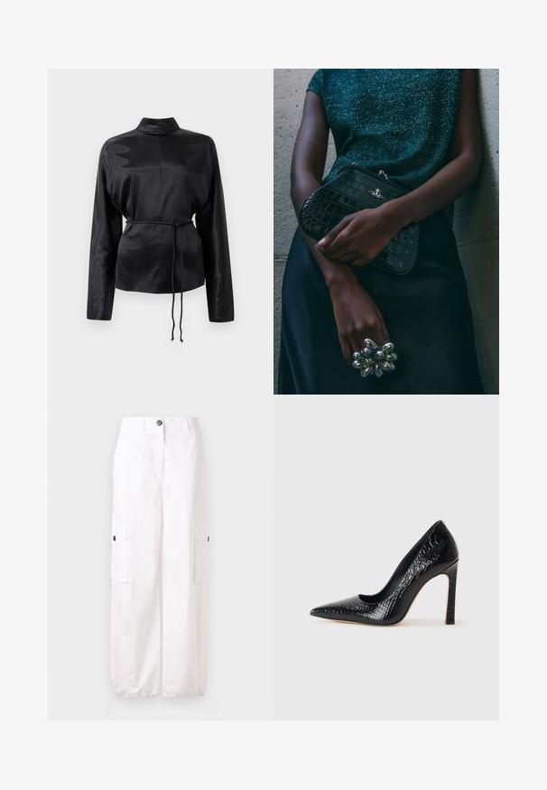 Fekete selyem hosszú ujjú ing magas gallérral, megkötött derékkal és állítható zsinóros részletekkel. Simaság jellemzi, elegáns kivitelezéssel.; Fehér, pamutból készült cargo nadrág, két első zsebbel, két oldalzsebbel és rugalmas mandzsettákkal a bokán. Gombos záródással rendelkezik.; Fekete hegyes orrú magassarkú cipő krokodilbőr textúrával, letisztult dizájnnal, magas tűsarkú és sima fekete belső résszel.; Fekete krokodilbőr mintázatú válltáska ezüst hardware-rel, egy texturált szürke háttér előtt tartva. Fényes felülettel rendelkezik.