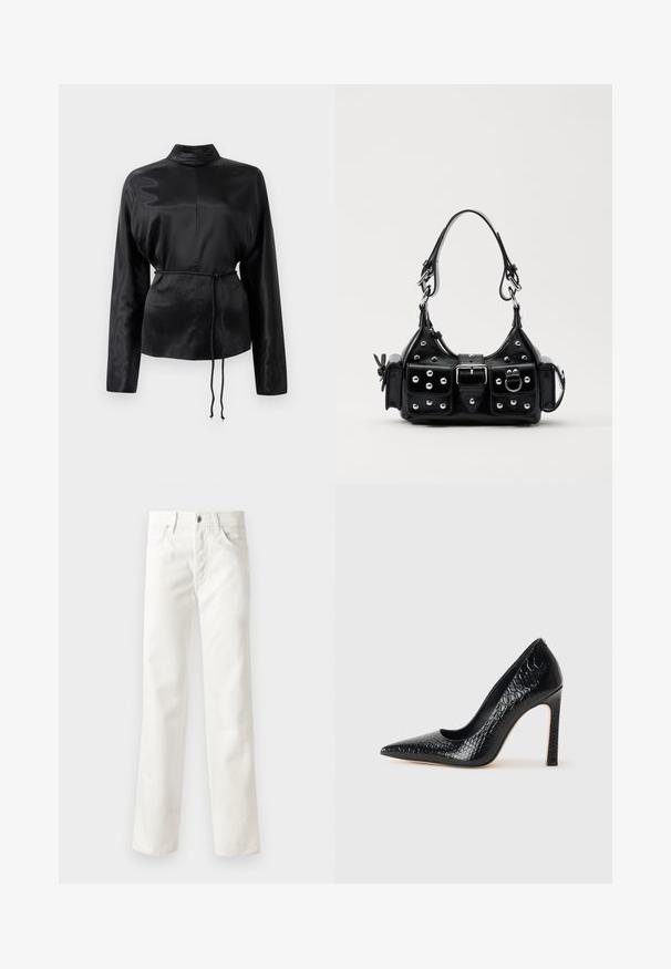 Čierna saténová košeľa s dlhým rukávom, vysokým golierom, zúženým pásom a nastaviteľným šnurovaním. Hladká textura s elegantným povrchom.; Biele džínsy z denimu so rovnými nohavicami, piatimi vreckami, zapínaním na gombík a jemnou textúrou. Ukončené pútkami na opasok a štandardným lemovaním.; Čierna lodička s špicatou špičkou a lakovanou textúrou krokodíla, s elegantným dizajnom, vysokým stiletto podpätkom a hladkým čiernym interiérom.; Čierna kožená kabelka s zakriveným dizajnom, doplnená striebornými cvočkami, prackou a dvoma bočnými vreckami. Nastaviteľný popruh poskytuje rôzne možnosti nosenia.