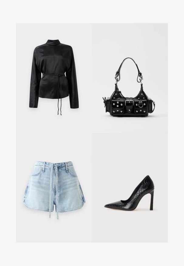 Schwarzes Satin-Hemd mit langen Ärmeln, hohem Kragen, tailliertem Schnitt und verstellbarem Kordelzug. Glatte Textur mit elegantem Finish.; Helle blaue Jeansshorts mit einem Kordelzugbund, fünf Taschen und rohen Saumkanten. Der Stoff hat eine abgediente Textur.; Schwarzer, spitz zulaufender High Heel mit Krokodilleder-Struktur, elegantem Design, hohem Stiletto-Absatz und glattem schwarzen Innenraum.; Schwarze Lederhandtasche mit einem geschwungenen Design, verziert mit silbernen Nieten, einer Schnalle und zwei seitlichen Taschen. Verstellbarer Träger für verschiedene Tragemöglichkeiten.