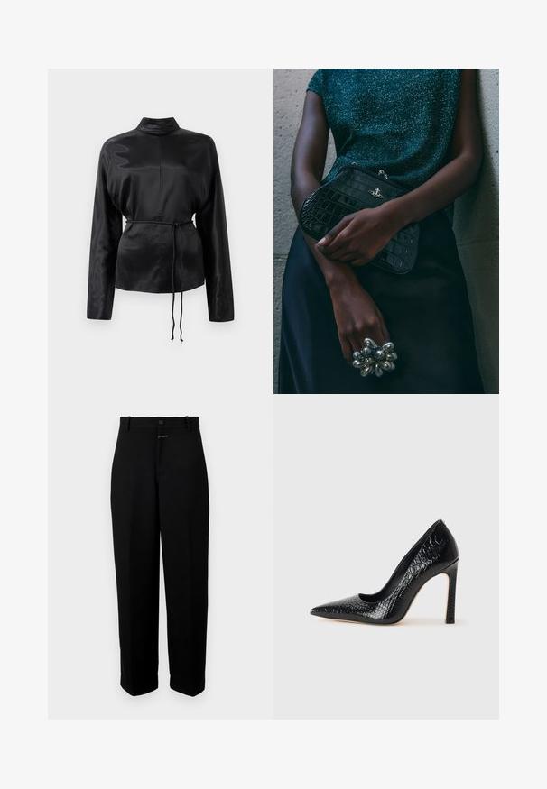 Cămașă lungă cu mânecă lungă din satin negru, cu guler înalt, talie strânsă și detaliu cu șnur reglabil. Textură netedă cu un finisaj elegant.; Pantaloni negri dintr-un material neted, cu închidere cu nasture, bucle pentru curea și un design drept.; Pantofii cu toc înalt, ascuțiți, de culoare neagră, cu textură de piele de crocodil, având un design elegant, toc în stil stiletto și interior neted de culoare neagră.; Geantă de umăr de tip clutch, cu model de crocodil negru și detalii din metal argintiu, sprijinită pe un fundal texturat gri. Prezintă o suprafață lucioasă.