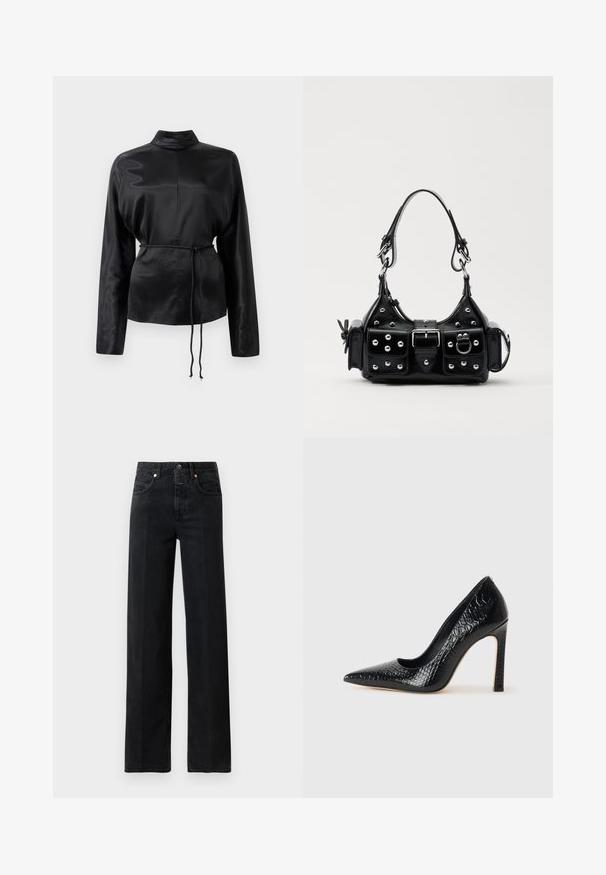 Cămașă lungă cu mânecă lungă din satin negru, cu guler înalt, talie strânsă și detaliu cu șnur reglabil. Textură netedă cu un finisaj elegant.; Jeans din denim negri cu croi drept. Au cinci buzunare, închidere cu nasture și detalii de cusătură minime. Design clasic.; Pantofii cu toc înalt, ascuțiți, de culoare neagră, cu textură de piele de crocodil, având un design elegant, toc în stil stiletto și interior neted de culoare neagră.; Geantă de piele neagră cu un design curbat, dotată cu studuri argintii, o cataramă și două buzunare laterale. Curea ajustabilă pentru opțiuni de transport.