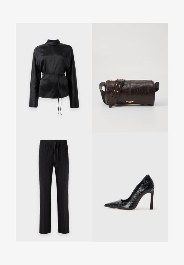 Schwarzes Satin-Hemd mit langen Ärmeln, hohem Kragen, tailliertem Schnitt und verstellbarem Kordelzug. Glatte Textur mit elegantem Finish.; Schwarze Hose mit elastischem Bund und verstellbarem Kordelzug, mit geradem Bein und glatter Textur. Keine Muster oder Akzente.; Schwarzer, spitz zulaufender High Heel mit Krokodilleder-Struktur, elegantem Design, hohem Stiletto-Absatz und glattem schwarzen Innenraum.; Braune, krokodilgeprägte Lederhandtasche mit zylindrischer Form, goldfarbener Hardware und einem abnehmbaren Tragegurt mit Nieten.