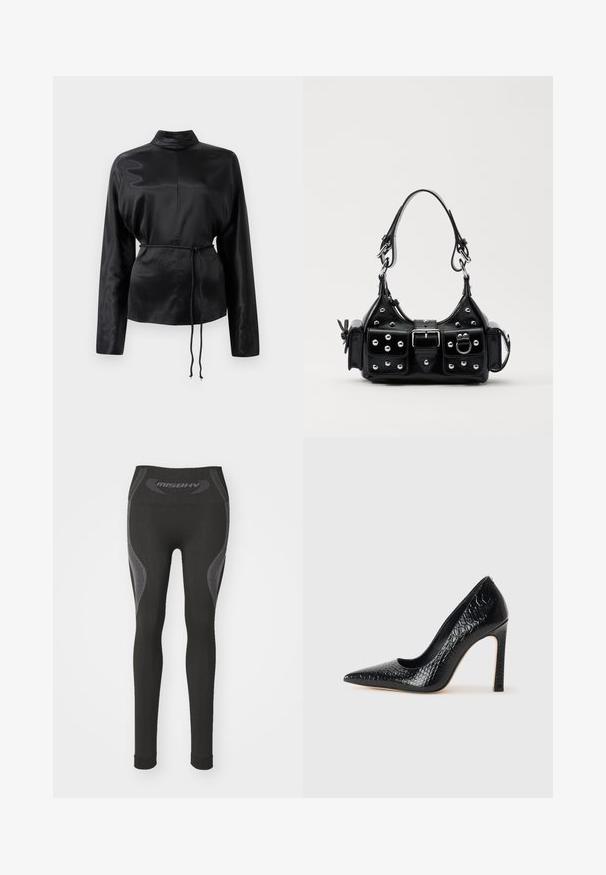 Musta satiininen pitkähihainen paita, jossa on korkea kaulus, kireä vyötärö ja säädettävä nyöriyksityiskohta. Sileä rakenne kiiltävällä pinnalla.; Mustat legginsit, joissa on korkea vyötärö, harmaita korostuskuvioita ja teksturoituja paneeleja sivuilla. Valmistettu joustavasta kankaasta.; Musta kapea nilkkakorkokenkä krokotiilin nahkakuviolla, joka on varustettu tyylikkäällä muotoilulla, korkealla stiletto-korkealla ja sileällä mustalla sisäosalla.; Musta nahkainen käsilaukku, jossa on kaareva muotoilu, hopeiset niitit, solki ja kaksi sivutaskua. Säädettävä olkahihna erilaisiin kantovaihtoehtoihin.