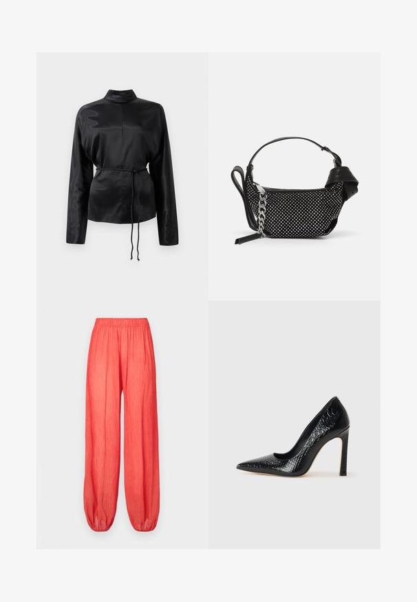 Black satin long-sleeve shirt with a high collar, cinched waist, and adjustable drawstring detail. Smooth texture with a sleek finish.; Loose-fitting, elastic-waist, coral-colored pants with a crinkled texture and tapered cuffs. Lightweight fabric allows for comfort and breathability.; Black pointed-toe high heel shoe with a crocodile-skin texture, featuring a sleek design, high stiletto heel, and smooth black interior.; Black handbag with a textured design, adorned with silver studs and a chunky silver chain strap. Features a sleek, minimalist shape.