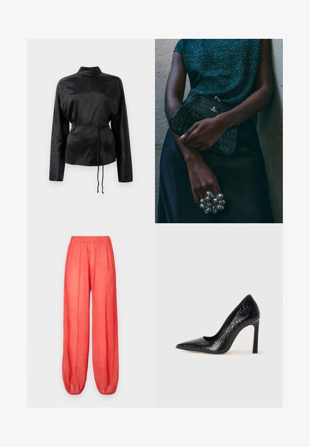 Fekete selyem hosszú ujjú ing magas gallérral, megkötött derékkal és állítható zsinóros részletekkel. Simaság jellemzi, elegáns kivitelezéssel.; Laza szabású, gumis derekú, korall színű nadrágok, redős textúrával és szűkített szárakkal. Könnyű anyag biztosítja a kényelmet és a lélegző képességet.; Fekete hegyes orrú magassarkú cipő krokodilbőr textúrával, letisztult dizájnnal, magas tűsarkú és sima fekete belső résszel.; Fekete krokodilbőr mintázatú válltáska ezüst hardware-rel, egy texturált szürke háttér előtt tartva. Fényes felülettel rendelkezik.