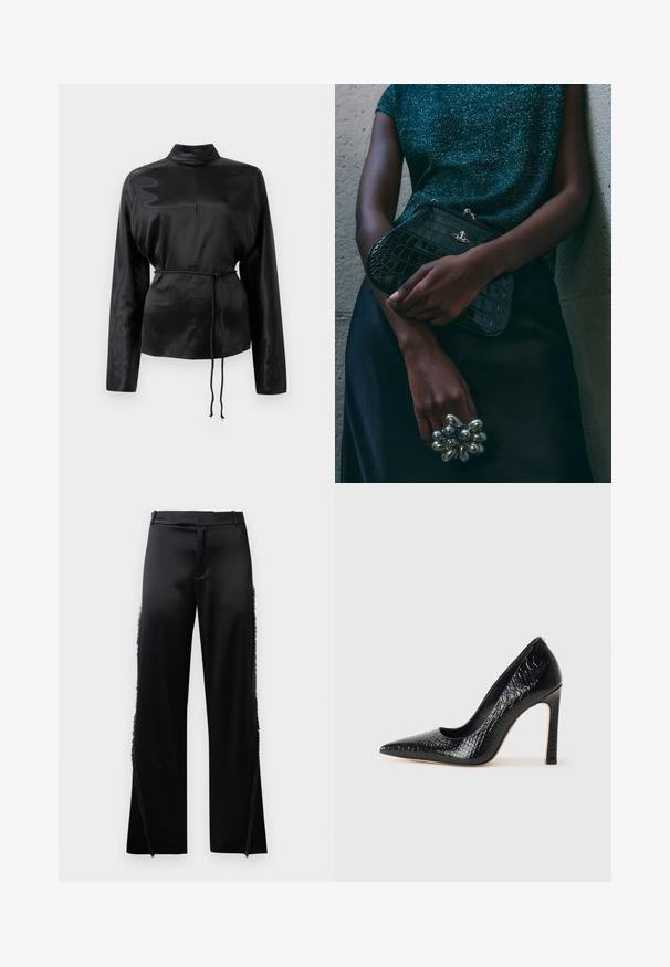 Zwarte satijnen blouse met lange mouwen en een hoge kraag, cinched taille en verstelbaar koorddetail. Glad textuur met een slanke afwerking.; Zwarte satijnen broek met brede pijpen, voorzien van franjes langs de zijnaden en een platte tailleband aan de voorkant. Eenvoudige achterkant zonder zakken.; Zwarte puntige hoge hak schoen met een krokodillenleren textuur, met een slank ontwerp, hoge stiletto-hak, en een gladde zwarte binnenkant.; Zwarte clutch met krokodillenpatroon en zilverkleurige hardware, vastgehouden tegen een gestructureerde grijze achtergrond. Heeft een glanzend oppervlak.