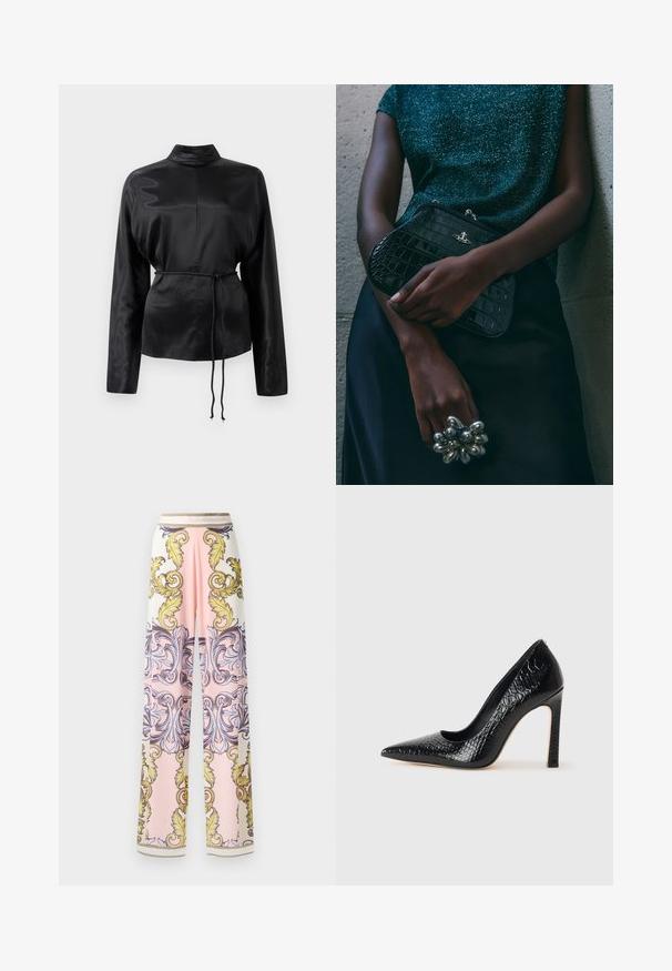 Camicia nera in satin con maniche lunghe e colletto alto, vita aderente e dettaglio con cordoncino regolabile. Texture liscia con una finitura elegante.; Pantaloni a gamba larga realizzati in tessuto leggero, caratterizzati da una combinazione di colori rosa e bianco con ornate decorazioni barocche gialle e blu e inserti dorati.; Scarpa nera con punta a punta alta in pelle di coccodrillo, caratterizzata da un design elegante, alto tacco a spillo e interno nero liscio.; Clutch bag nera con motivo coccodrillo e hardware argentato, appoggiata su uno sfondo grigio texture. Presenta una superficie lucida.