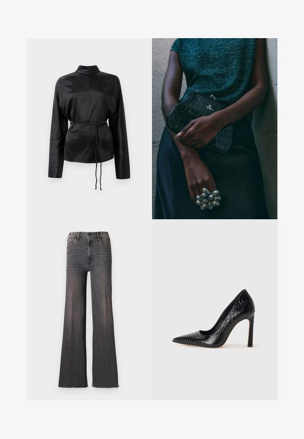 Musta satiininen pitkähihainen paita, jossa on korkea kaulus, kireä vyötärö ja säädettävä nyöriyksityiskohta. Sileä rakenne kiiltävällä pinnalla.; Korkeavyötäröiset haalistuneet mustat leveälahkeiset farkut, joissa on nappikiinnitys, etutaskut ja raajat karkeasti revityt.; Musta kapea nilkkakorkokenkä krokotiilin nahkakuviolla, joka on varustettu tyylikkäällä muotoilulla, korkealla stiletto-korkealla ja sileällä mustalla sisäosalla.; Musta krokotiilihäntäinen penaali, jossa on hopeiset yksityiskohdat, pidetään teksturoitua harmaata taustaa vasten. Pintamateriaali kiiltävä.