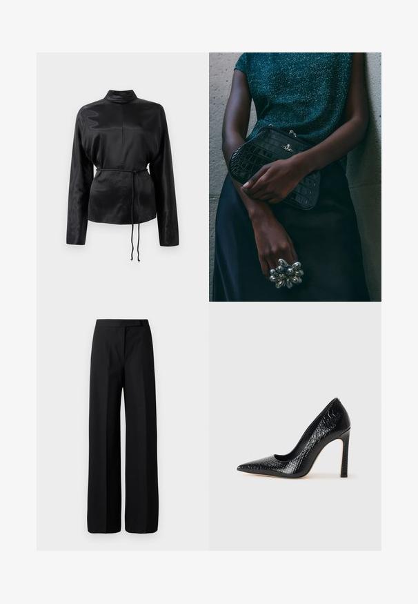Melnas satīna krekls ar garām piedurknēm, augstu apkakli, pieguļošu vidukli un regulējamu saiti. Gluda tekstūra ar elegantu apdari.; Platas kājas melnas bikses ar gludu, matētu tekstūru. Plats jostasvieta bez redzamām pacelšanām vai rakstiem. Vienkāršs un elegants dizains.; Melni augstpapēžu apavi ar norādītu purngalu, ar krokodila ādas tekstūru, izceļoties ar elegantu dizainu, augstu stiletto papēdi un gludu melnu interjeru.; Melna krokodilā ādas raksta rokassoma ar sudraba detaļām, turēta pretī tekstūrētai pelēkai fona. Iespējo spīdīgu virsmu.