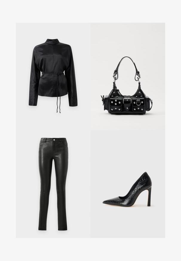 Mustmust pikkade varrukatega särk kõrge kaelusega, pingutatud talje ja reguleeritavate nööride detailidega. Sile tekstuur ja peen viimistlus.; Mustad nahkpüksid, millel on sobiv disain, sile tekstuur, keskmise kõrgusega vöökoht ja peened õmbluse detailid. Küljes on ees taskud ja metallist nupp.; Mustan teravaotsaga kõrge kontsaga king, millel on krokodillimustriga tekstuur, stiilne disain, kõrge stilettokonts ja sile must sisesisustus.; Must värvi nahast käekott, millel on kaarjas disain, hõbedased nupukesed, kinnitusahe ja kaks külgtaskut. Reguleeritav rihm erinevate kandmisvõimaluste jaoks.