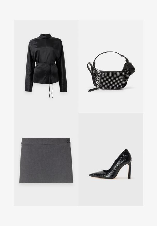 Zwarte satijnen blouse met lange mouwen en een hoge kraag, cinched taille en verstelbaar koorddetail. Glad textuur met een slanke afwerking.; Grijze stoffen rok met een gladde textuur, rechte snit en een enkele zwarte knop op de tailleband, met een schone en eenvoudige esthetiek.; Zwarte puntige hoge hak schoen met een krokodillenleren textuur, met een slank ontwerp, hoge stiletto-hak, en een gladde zwarte binnenkant.; Zwarte handtas met een gestructureerd ontwerp, versierd met zilveren studs en een robuuste zilveren kettingband. Beschikt over een elegante, minimalistische vorm.