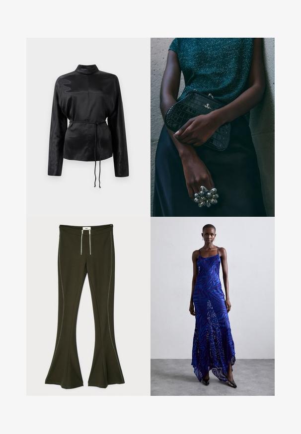 Schwarzes Satin-Hemd mit langen Ärmeln, hohem Kragen, tailliertem Schnitt und verstellbarem Kordelzug. Glatte Textur mit elegantem Finish.; Dunkelolivgrüne, ausgestellte Hose aus dehnbarem Material, mit metallischen Reißverschlüssen und kontrastierenden Seitennähten.; Maxikleid im blauen und lila Tiermuster mit dünnen Trägern, einem taillierten Oberteil, ausgestelltem Saum und transparenten Überlagerungen.; Schwarze Clutch-Tasche im Kroko-Design mit silbernen Beschlägen, vor einem strukturierten grauen Hintergrund gehalten. Verfügt über eine glänzende Oberfläche.