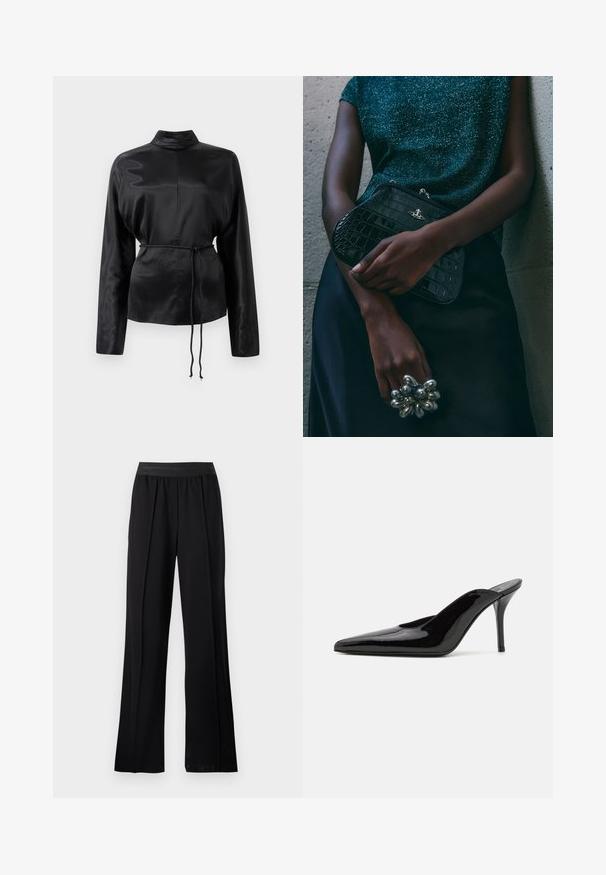 Sort satin langærmet skjorte med høj krave, indsnævret talje og justerbar snoretræksdetalje. Glat tekstur med en elegant finish.; Sorte brede bukser lavet af glat stof med en strækbar elastik. Har folder for ekstra volumen og bevægelse, uden synlige mønstre eller detaljer.; Sorte lakerede højhælede mulesko med spids tå og en slank silhuet, der har åben hæl og en slank stilettohæl.; Sorte clutchtaske med krokodillemønster og sølvhardware, holdt mod en tekstureret grå baggrund. Har en blank overflade.