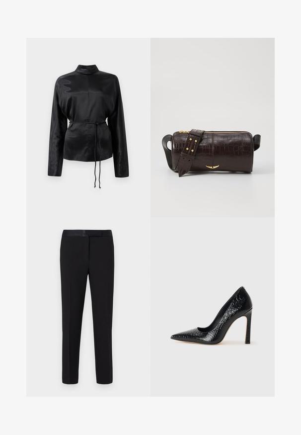 Cămașă lungă cu mânecă lungă din satin negru, cu guler înalt, talie strânsă și detaliu cu șnur reglabil. Textură netedă cu un finisaj elegant.; Pantaloni negri cu o textură netedă, design drept și o talie din satin. Prezintă detalii minime și fără modele sau accente vizibile.; Pantofii cu toc înalt, ascuțiți, de culoare neagră, cu textură de piele de crocodil, având un design elegant, toc în stil stiletto și interior neted de culoare neagră.; Geantă din piele căptușită cu un model de crocodil de culoare maro, cu o formă cilindrică, accesorii de culoare aurie și un curea detasabilă cu tăieturi.