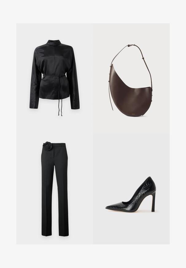 Cămașă lungă cu mânecă lungă din satin negru, cu guler înalt, talie strânsă și detaliu cu șnur reglabil. Textură netedă cu un finisaj elegant.; Pantaloni negri cu croială ajustată, accentuați cu o floare din țesătură la talie, cu picioare drepte și o textură netedă.; Pantofii cu toc înalt, ascuțiți, de culoare neagră, cu textură de piele de crocodil, având un design elegant, toc în stil stiletto și interior neted de culoare neagră.; Geantă din piele maro cu o formă curbată, curea unică și un design minimalist. Prezintă un logo subtil și accente din aur.
