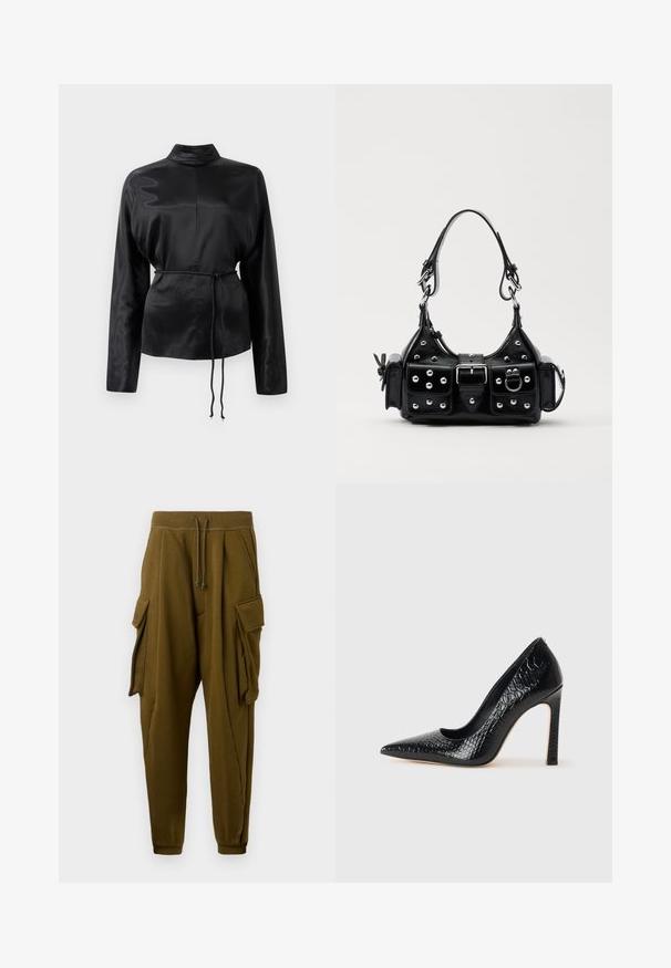 Čierna saténová košeľa s dlhým rukávom, vysokým golierom, zúženým pásom a nastaviteľným šnurovaním. Hladká textura s elegantným povrchom.; Olivovo zelené teplákové nohavice s pásom na šnúrku, dve veľké cargo vrecká s chlopňami na každej strane a stažené členky.; Čierna lodička s špicatou špičkou a lakovanou textúrou krokodíla, s elegantným dizajnom, vysokým stiletto podpätkom a hladkým čiernym interiérom.; Čierna kožená kabelka s zakriveným dizajnom, doplnená striebornými cvočkami, prackou a dvoma bočnými vreckami. Nastaviteľný popruh poskytuje rôzne možnosti nosenia.