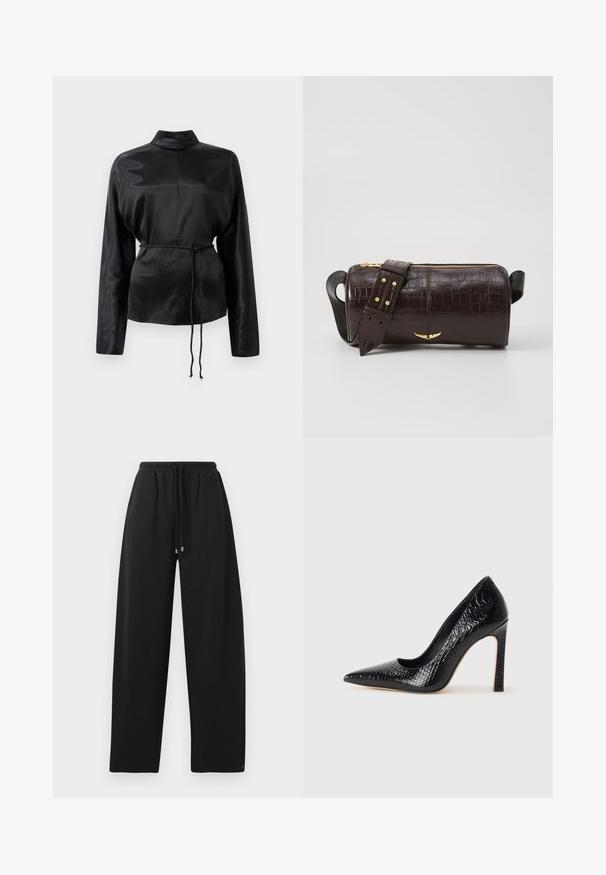 Melnas satīna krekls ar garām piedurknēm, augstu apkakli, pieguļošu vidukli un regulējamu saiti. Gluda tekstūra ar elegantu apdari.; Melnas sporta bikses ar brīvu piegriezumu, elastīgu jostu, auklas aizdari un sānu šuvēm. Izgatavotas no mīksta, gluda materiāla.; Melni augstpapēžu apavi ar norādītu purngalu, ar krokodila ādas tekstūru, izceļoties ar elegantu dizainu, augstu stiletto papēdi un gludu melnu interjeru.; Brūna krokodila ādas soma ar cilindrisku formu, zelta toni aparatūru un noņemamu siksnu ar studiem.