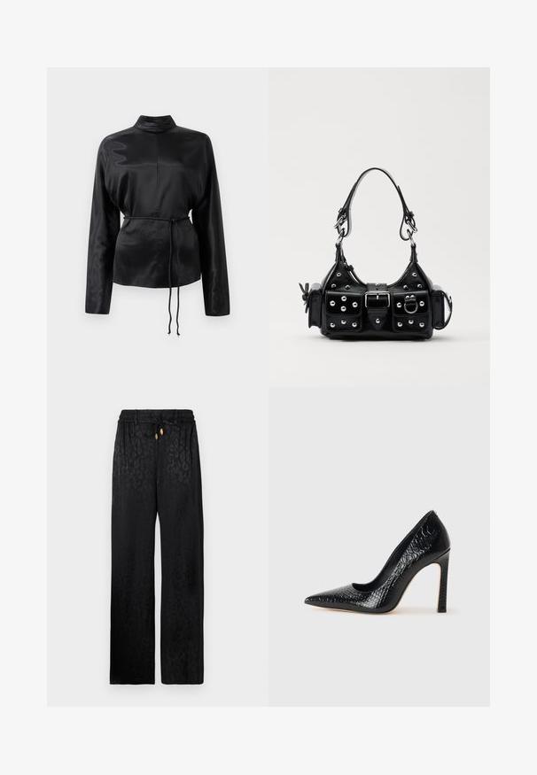 Fekete selyem hosszú ujjú ing magas gallérral, megkötött derékkal és állítható zsinóros részletekkel. Simaság jellemzi, elegáns kivitelezéssel.; Fekete, bő szárú nadrág sima anyagból, finom leopárdmintával, rugalmas derékpánttal és állítható zsinóros záródással.; Fekete hegyes orrú magassarkú cipő krokodilbőr textúrával, letisztult dizájnnal, magas tűsarkú és sima fekete belső résszel.; Fekete bőr kézitáska ívelt designnal, ezüst szegecsekkel, csattal és két oldalsó zsebbel. Állítható vállpánt a hordozási lehetőségekhez.