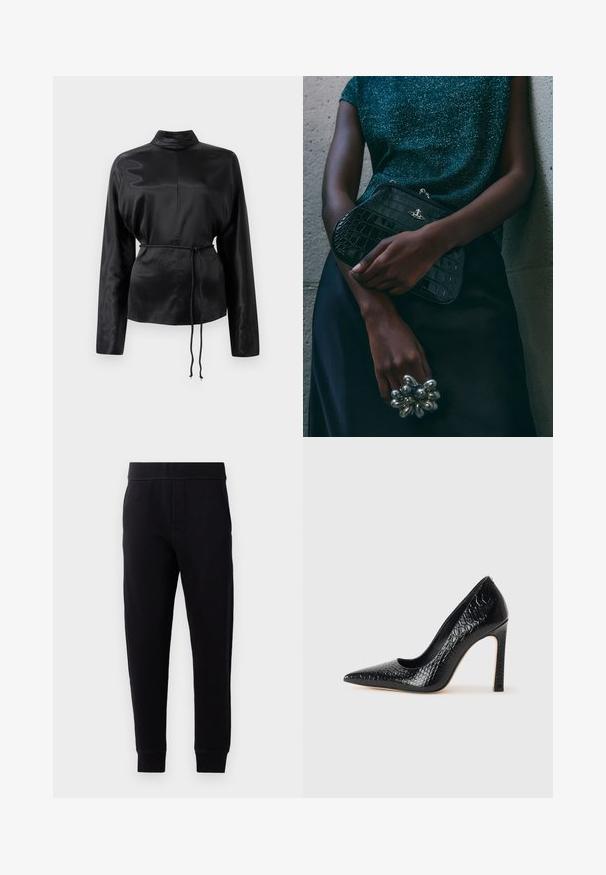 Black satin long-sleeve shirt with a high collar, cinched waist, and adjustable drawstring detail. Smooth texture with a sleek finish.; Black jogger pants made of soft fabric, featuring an elastic waistband, slim fit, side pockets, and tapered cuffs at the ankles.; Black pointed-toe high heel shoe with a crocodile-skin texture, featuring a sleek design, high stiletto heel, and smooth black interior.; Black crocodile-patterned clutch bag with silver hardware, held against a textured gray background. Features a shiny surface.