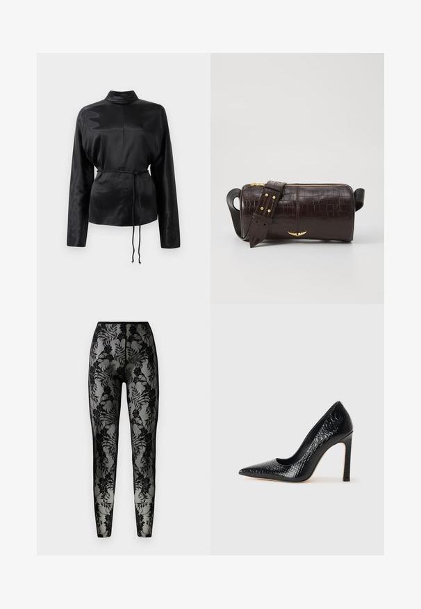 Cămașă lungă cu mânecă lungă din satin negru, cu guler înalt, talie strânsă și detaliu cu șnur reglabil. Textură netedă cu un finisaj elegant.; Colanți din dantelă neagră cu un model floral, dintr-un material transparent, și cu o croială ajustată, având un talie netedă și tivuri închise.; Pantofii cu toc înalt, ascuțiți, de culoare neagră, cu textură de piele de crocodil, având un design elegant, toc în stil stiletto și interior neted de culoare neagră.; Geantă din piele căptușită cu un model de crocodil de culoare maro, cu o formă cilindrică, accesorii de culoare aurie și un curea detasabilă cu tăieturi.