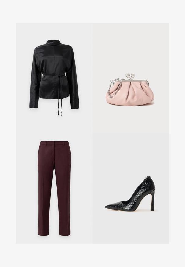 Black satin long-sleeve shirt with a high collar, cinched waist, and adjustable drawstring detail. Smooth texture with a sleek finish.; Burgundy tailored trousers made of smooth fabric. Features a flat front, slim fit, and no visible pockets or embellishments.; Black pointed-toe high heel shoe with a crocodile-skin texture, featuring a sleek design, high stiletto heel, and smooth black interior.; Pink leather clutch bag with a gathered design, metal frame, two round clasps, and a silver chain strap. Smooth texture, compact shape.