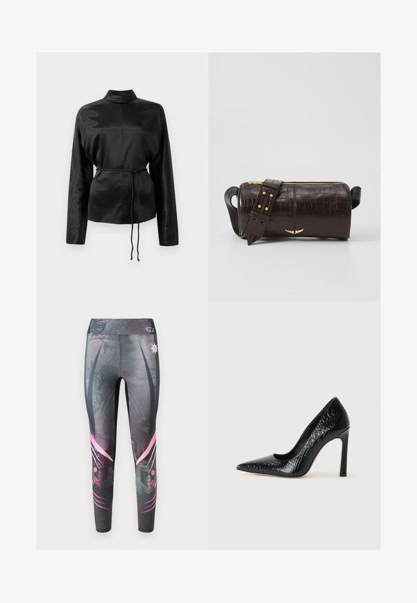 Camicia nera in satin con maniche lunghe e colletto alto, vita aderente e dettaglio con cordoncino regolabile. Texture liscia con una finitura elegante.; Leggings aderenti grigi scuri con un motivo a pois, caratterizzati da accenti grafici rosa e una vita alta.; Scarpa nera con punta a punta alta in pelle di coccodrillo, caratterizzata da un design elegante, alto tacco a spillo e interno nero liscio.; Borsa in pelle stampata a coccodrillo marrone con forma cilindrica, accessori in tonalità oro e una tracolla staccabile con borchie.