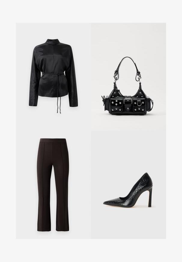 Zwarte satijnen blouse met lange mouwen en een hoge kraag, cinched taille en verstelbaar koorddetail. Glad textuur met een slanke afwerking.; Zwarte op maat gemaakte pantalons met een aansluitende tailleband, een vlakke voorkant en lichte flare aan de onderkant, gemaakt van een gladde, rekbare stof.; Zwarte puntige hoge hak schoen met een krokodillenleren textuur, met een slank ontwerp, hoge stiletto-hak, en een gladde zwarte binnenkant.; Zwarte lederen handtas met een gebogen ontwerp, voorzien van zilveren studs, een gesp en twee zijvakken. Verstelbare schouderband voor verschillende draagmogelijkheden.