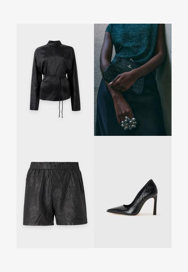 Czarna satynowa koszula z długim rękawem, wysokim kołnierzem, zwężoną talią i regulowanym sznurkiem. Gładka tekstura o eleganckim wykończeniu.; Czarne szorty wykonane z pomarszczonego materiału, z elastycznym paskiem w talii i dwoma guzikami, o długości do kolan i gładkiej fakturze.; Czarne szpilki z ostrym noskiem, pokryte teksturą skóry krokodyla, charakteryzujące się eleganckim wzornictwem, wysokim obcasem w stylu stiletto oraz gładkim czarnym wnętrzem.; Czarna kopertówka w wzór krokodyla z srebrnymi akcentami, trzymana na szarym, teksturowanym tle. Posiada błyszczącą powierzchnię.