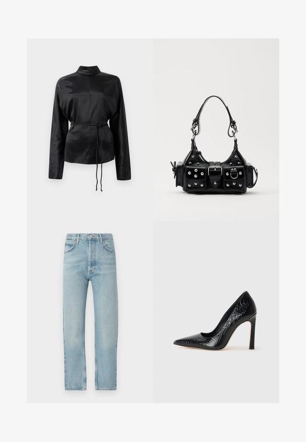 Schwarzes Satin-Hemd mit langen Ärmeln, hohem Kragen, tailliertem Schnitt und verstellbarem Kordelzug. Glatte Textur mit elegantem Finish.; Helle blaue Denim-Jeans im schmalen Schnitt, hoch geschnitten mit fünf Taschen, Knopf- und Reißverschlussschluss, dezente Abnutzung und kontrastierende Nähdetails.; Schwarzer, spitz zulaufender High Heel mit Krokodilleder-Struktur, elegantem Design, hohem Stiletto-Absatz und glattem schwarzen Innenraum.; Schwarze Lederhandtasche mit einem geschwungenen Design, verziert mit silbernen Nieten, einer Schnalle und zwei seitlichen Taschen. Verstellbarer Träger für verschiedene Tragemöglichkeiten.