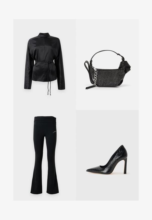 Czarna satynowa koszula z długim rękawem, wysokim kołnierzem, zwężoną talią i regulowanym sznurkiem. Gładka tekstura o eleganckim wykończeniu.; Czarne dzwonowate legginsy do jogi z marszczonym pasem i małym białym logo na górnej części uda, wyeksponowane na jednolitym białym tle.; Czarne szpilki z ostrym noskiem, pokryte teksturą skóry krokodyla, charakteryzujące się eleganckim wzornictwem, wysokim obcasem w stylu stiletto oraz gładkim czarnym wnętrzem.; Czarna torebka z ćwiekowanymi zdobieniami, łańcuszkowym paskiem i gładkim skórzanym uchwytem, o zaokrąglonym kształcie i zamykanej kieszeni.