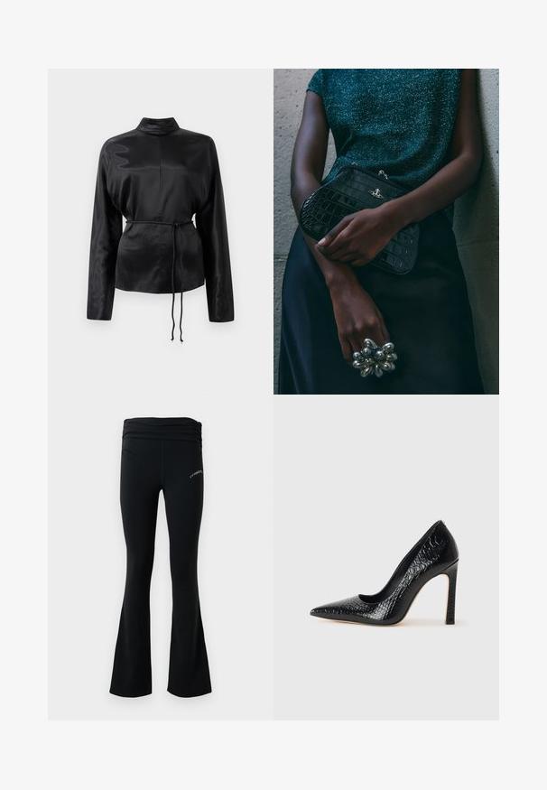 Juodas satino ilgomis rankovėmis marškiniai su aukštu apykakle, susiaurinta juosmens dalimi ir reguliuojamo raiščio detalėmis. Lygus paviršius su blizgiu apdaila.; Juodi plataus silueto jogos kelnės su raukšlėta juosmale ir maža balta logo ant viršutinės šlaunies, pateikiamos prieš baltą fono.; Juoda smailiakulnė aukšto kulno bateliai su krokodilo odos tekstūra, pasižymintys elegantišku dizainu, aukštu stiletu kulnu ir lygia juoda vidine dalimi.; Juodas krokodilo odos rašto vakarėlis su sidabriniais aksesuarais, laikomas prieš tekstūruotą pilką foną. Pasižymi blizgiu paviršiumi.