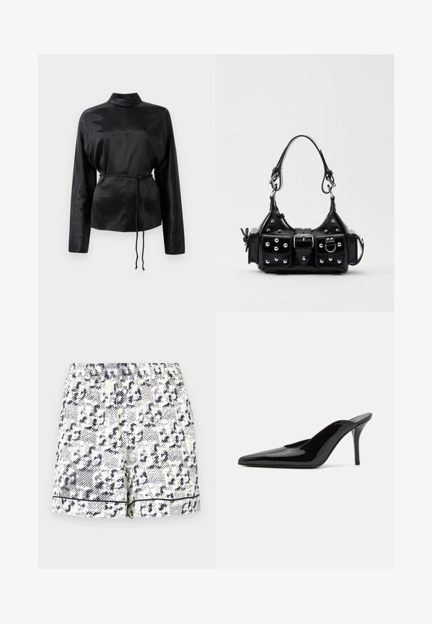 Čierna saténová košeľa s dlhým rukávom, vysokým golierom, zúženým pásom a nastaviteľným šnurovaním. Hladká textura s elegantným povrchom.; Biele šortky s čiernym abstraktným vzorom, elastický pás a pevný čierny lem na okraji. Vyrobené z ľahkého materiálu.; Čierne lakované kožené muly na vysokom opätku s špicatou špičkou a elegantným siluetou, ktoré majú otvorenú zadnú časť a štíhly opätok typu stiletto.; Čierna kožená kabelka s zakriveným dizajnom, doplnená striebornými cvočkami, prackou a dvoma bočnými vreckami. Nastaviteľný popruh poskytuje rôzne možnosti nosenia.