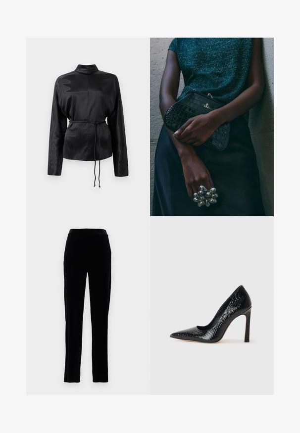 Melnas satīna krekls ar garām piedurknēm, augstu apkakli, pieguļošu vidukli un regulējamu saiti. Gluda tekstūra ar elegantu apdari.; Melnas zīda bikses ar gludu virsmas tekstūru, šaura piegriezuma un vidēja augstuma jostasvietu. Ietver sānu kabatas un taisnu kāju dizainu.; Melni augstpapēžu apavi ar norādītu purngalu, ar krokodila ādas tekstūru, izceļoties ar elegantu dizainu, augstu stiletto papēdi un gludu melnu interjeru.; Melna krokodilā ādas raksta rokassoma ar sudraba detaļām, turēta pretī tekstūrētai pelēkai fona. Iespējo spīdīgu virsmu.
