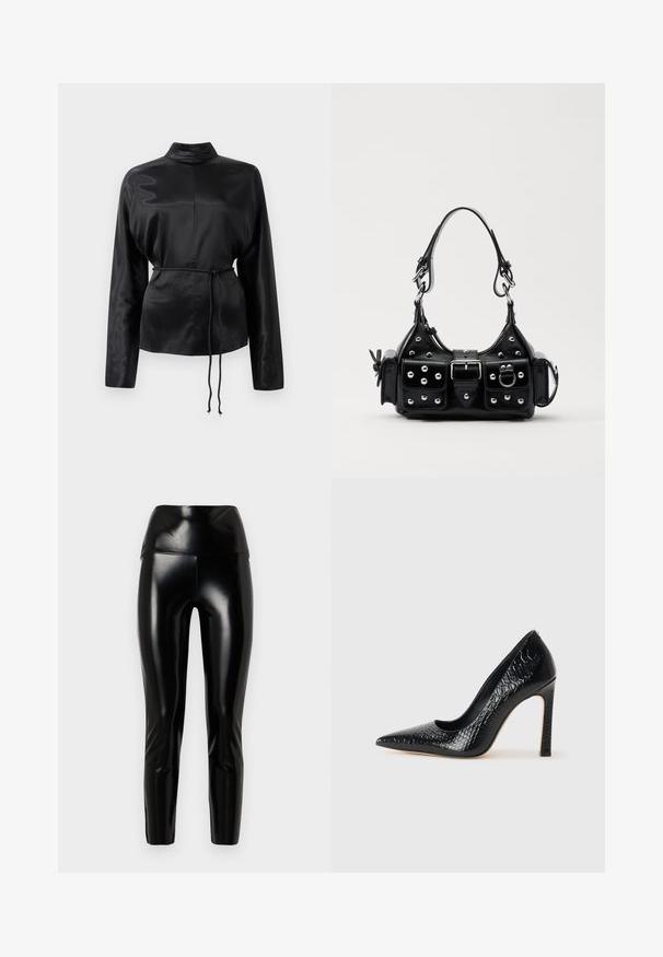 Fekete selyem hosszú ujjú ing magas gallérral, megkötött derékkal és állítható zsinóros részletekkel. Simaság jellemzi, elegáns kivitelezéssel.; Fekete műbőr leggings magas derékkal, sima textúrával, tapered lábakkal és fényes kivitelben. Nincsenek látható varratok vagy díszítések.; Fekete hegyes orrú magassarkú cipő krokodilbőr textúrával, letisztult dizájnnal, magas tűsarkú és sima fekete belső résszel.; Fekete bőr kézitáska ívelt designnal, ezüst szegecsekkel, csattal és két oldalsó zsebbel. Állítható vállpánt a hordozási lehetőségekhez.